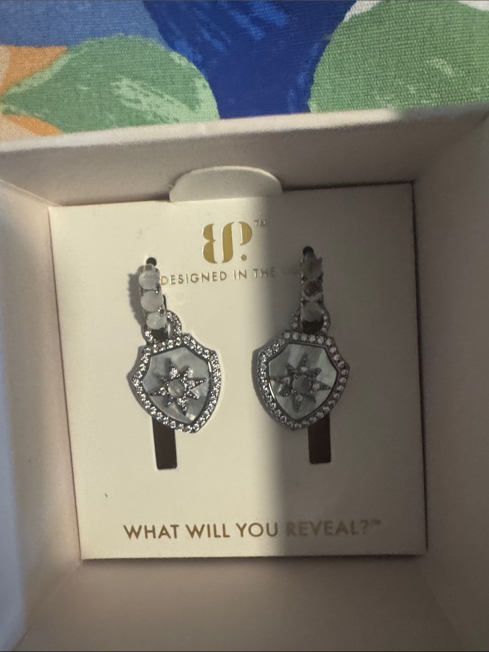 Bp Silver Drop Shield Earrings with White Inlay and Crystal Accents